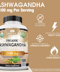 NaturaLife Labs Organic Ashwagandha 2,100 mg 100 Veggie Capsules Pure Organic Ashwagandha Powder and Root Extract Stress Relief Mood Enhancer