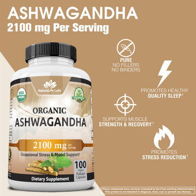 NaturaLife Labs Organic Ashwagandha 2,100 mg 100 Veggie Capsules Pure Organic Ashwagandha Powder and Root Extract Stress Relief Mood Enhancer