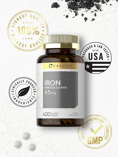 Iron Ferrous Sulfate 65 Mg | 400 Tablets | Non-Gmo, Gluten Free, And Vegetarian Supplement | High Potency | By Carlyle