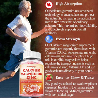 Edmmyliy Calcium Magnesium Zinc Supplement Gummies With Vitamin D3 K2 & B Complex For Women Men 1000Mg Calcium Citrate With Magnesium Gummies For Bone Muscles & Immune Support Sugar Free Vegan