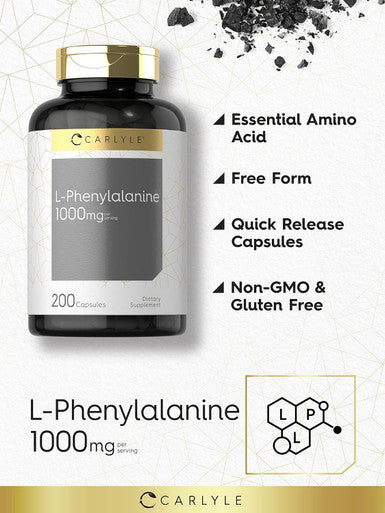 Carlyle L Phenylalanine 1000mg | 200 Capsules | Non-GMO and Gluten Formula | Form L-Phenylalanine Supplement