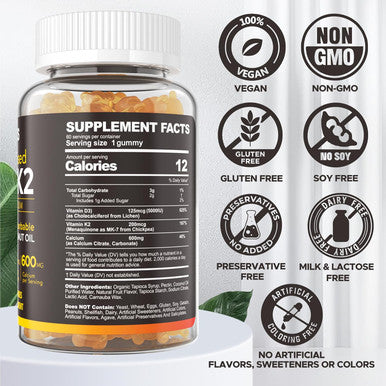Vitamin D3 5000Iu & K2( As Mk7 ) 200Mcg Gummies + 600Mg Calcium, With Coconut Oil For High Absorption, Maximum Strength Vitamin D3 K2 Supplement - Support For Bones Muscle Teeth Immune, Vegan 2Packs