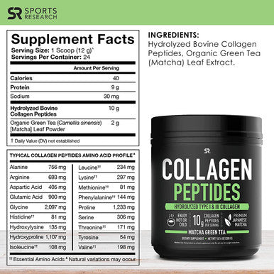 Sports Research Collagen Powder Supplement Vital for Healthy Joints Bones Nails Hydrolyzed Protein Peptides Great Keto Friendly Nutrition for Men Women Mix in Drinks Matcha 10.16 Oz