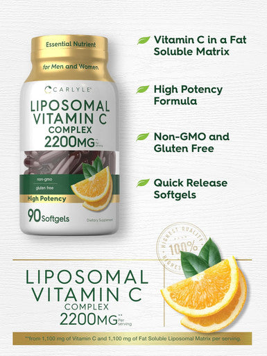 Carlyle Liposomal Vitamin C | 2200mg | 90 Softgels | High Potency Complex Supplement | Non-GMO Gluten Supplement Packaging May Vary
