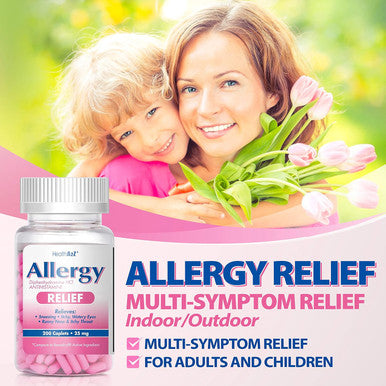 HealthA2Z Allergy Relief | Diphenhydramine HCL 25mg | Antihistamine | Relief from Itchy Throat Sneezing Runny Noses | Indoor & Outdoors Allergies - 200 Caplets