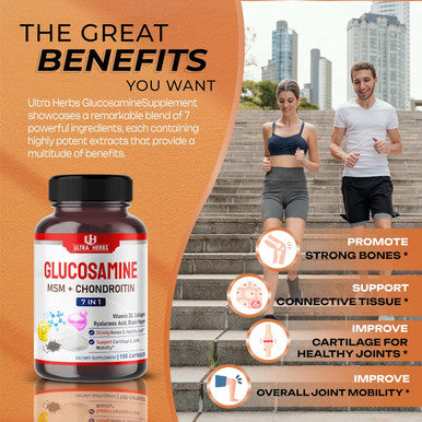 Ultra Herbs Glucosamine Chondroitin MSM - Joint Mobility Support Supplement Enhanced with Collagen Hyaluronic Acid Vitamin D3 | 150 Capsules