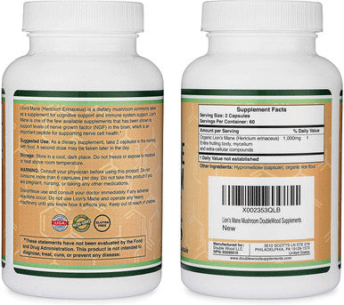 Lions Mane Mushroom Supplement Capsules Two Month Supply 120 Count Vegan Supplement Nootropics Brain Support Supplement and Immune Health Manufactured in The USA by Double Wood Supplements