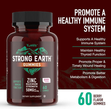 Strong Earth - 50Mg Zinc Gummies For Kids And Adults (60 Count) - Immune Support & Antioxidant Supplement - Delicious Natural Flavor Zinc Supplement Gummy - Gluten, Non Gmo, Vegan - Chewable Zinc
