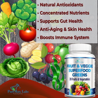 YUMMYVITE Fruit And Veggie Superfood Greens - 120 Tablets - 28 Fruits And Vegetables Incl. Alfalfa, Barley Grass, Spirulina, Beet Root, Tart Cherry, Non-Gmo - 120 Tablets