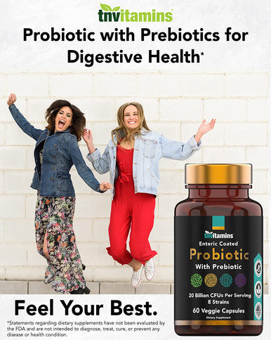 Probiotics for Women & Men with Prebiotics for Digestive Health with Acidophilus | 60 Enteric Coated Vegetarian Capsules | 20 Billion CFUs - 8 Strains | by TNVitamins