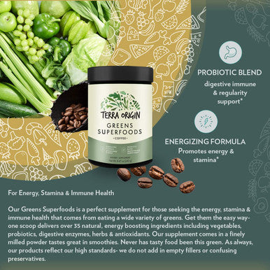 Terra Origin Superfoods Greens Immune Defense And Digestive Support | Probiotics, Organic Vegetables, Digestive Enzymes | Non-Gmo, Gluten-, Dairy , Vegan | 30 Servings | Coffee Flavor