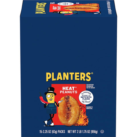 PLANTERS HEAT Peanuts, Spicy Plant Based Protein Snacks, 2.25 Oz (15 Ct) | Hot and Spicy. Roasted Nuts. Kosher. Bag. Snacks for Adults. Party Mix, Party Snacks