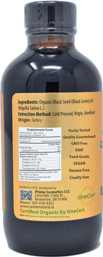 PRIME NATURAL Organic Black Seed Oil 4Oz - Cold Pressed Unrefined High Thymoquinone 1.7% Usda Certified - Turkish Origin Potent Nigella Sativa Liquid - Vegan Omega 3 6 9, Antioxidant Immune Boost Joints Skin Hair