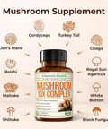 Mushroom 10x Complex with Lions Mane Extract Turkey Tail Cordyceps Reishi Shiitake Chaga & Maitake for Cognitive Support Vegan Mushroom Supplement Blend for Natural Energy & Focus 60 Capsules