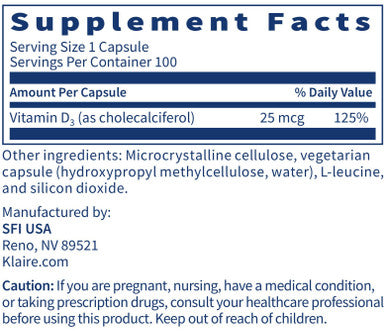 Klaire Labs Vitamin D3 1000 IU - High Potency 25 Micrograms, Hypoallergenic Bone & Immune Support (100 Capsules)