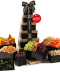 NUT CRAVINGS - Purim Mishloach Manot Dried Fruit & Mixed Nuts Gift Basket, Green Tower + Ribbon (12 Assortments) Ramadan Gifts Food Arrangement, Healthy Snack Care Package, Kosher