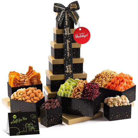 NUT CRAVINGS - Purim Mishloach Manot Dried Fruit & Mixed Nuts Gift Basket, Green Tower + Ribbon (12 Assortments) Ramadan Gifts Food Arrangement, Healthy Snack Care Package, Kosher