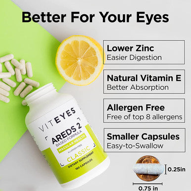 Viteyes AREDS 2 Eye Vitamins Now with Natural Vitamin E Smaller Capsules Lower Zinc Allergen Lutein Zeaxanthin Manufactured in The USA Eye Doctor Trusted Classic Macular Support 180 Ct