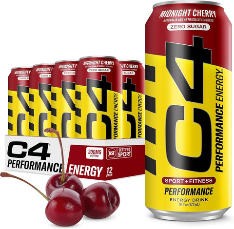 C4 Performance Energy Drink, Cherry Popsicle, Zero Sugar Carbonated Preworkout Energy, 200mg Caffeine with Beta Alanine, 16 Fl Oz (12 Pack)