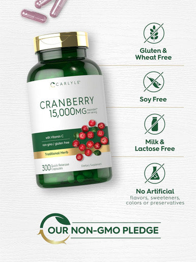 Carlyle Cranberry Pills 15000mg | 300 Capsules | with Vitamin C | Non-GMO Gluten