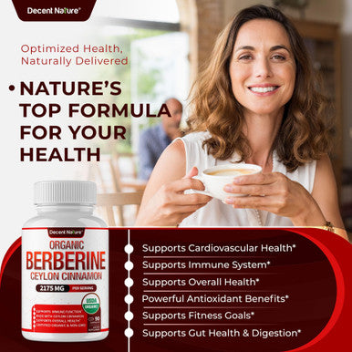DECENT NATURE Organic Berberine with Ceylon Cinnamon 2175mg Premium berberine supplement high purity extract USDA Organic support immune system Berberine Plus Complex Non GMO Vegan for Men Women 90 Capsules