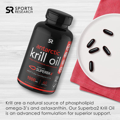 Sports Research Krill Oil Supplement with EPA DHA Omega 3 Phospholipids Astaxanthin from Antarctic Krill Highest Concentration of Krill Oil for Men Women 1000mg 60 Softgel Capsules
