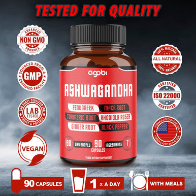 Ashwagandha Extract Capsules 8050Mg - 7 Herbs Combined Fenugreek, Maca, Turmeric, Rhodiola, Ginger & Black Pepper - 90 Caps For 3 Months - Natural Sleep, Adrenal, Immune & Energy Supports Supplement