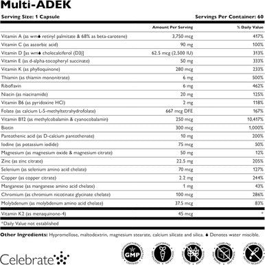 Celebrate Vitamins Multi Adek, Iron ÃƒÂ¢Ã¢â€šÂ¬Ã¢â‚¬Å“ Daily Bariatric Multivitamin, High Level Of Vitamins A, D, E, K & B12 For Duodenal Switch Surgery Patients (180 Capsules)