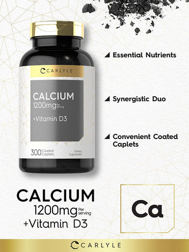Calcium | 1200mg | with Vitamin D3 | 300 Tablets | Vegetarian, Non-GMO, and Gluten Free | by Carlyle