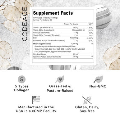 Codeage Multi Collagen and Biotin 10000 mcg + Vitamin C B6 & D3 Keratin Hyaluronic Acid Niacin 18 Amino Acids - Stick Packs Supplement - 5 Types Collagen Protein 30 Powder Packets
