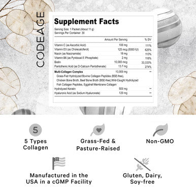 Codeage Multi Collagen and Biotin 10,000 mcg + Vitamin C B6 and D3 Keratin Hyaluronic Niacin 18 Amino s Stick Packs Supplement - 5 Types Collagen Protein 30 Powder Packets
