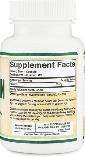 Apigenin Supplement 50mg per Capsule 120 Count Powerful Bioflavonoid Found in Chamomile Tea for Relaxation Nighttime and Mood Manufactured and Tested in The USA by Double Wood Supplements