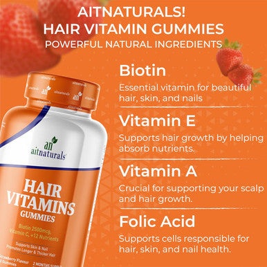 Aitnaturals Hair Vitamin 60 Gummies (Strawberry) with Vitamin C Biotin & Folic Acid Supports Healthy Hair Nail & Skin Protects Hair Follicles & Reduces Breakage | Multivitamins for Hair Growth
