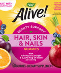Natures Way Alive! Hair, Skin & Nails Gummies, Collagen & Biotin, Antioxidant Vitamins C & E, Strawberry Flavored, 60 Gummies