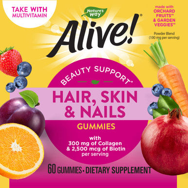 Natures Way Alive! Hair, Skin & Nails Gummies, Collagen & Biotin, Antioxidant Vitamins C & E, Strawberry Flavored, 60 Gummies