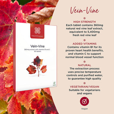 Healthspan Vein Vine 360mg | 90 Tablets | Red Vine Leaf Extract | Added Vitamins B1 & C | Vegan