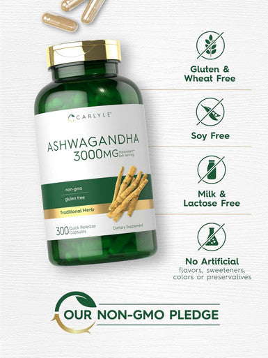 Carlyle Ashwagandha Supplement 3000mg | 300 Capsules | Root Extract Supplement | Non-GMO Gluten