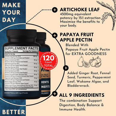 Dedicad Artichoke Extract Capsules 6650Mg 4-Month Supply - Support Digestion, Immune Health & Body Balance - Combined 9 Herbs Pap