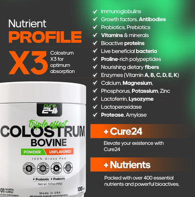 Cure24 Bovine Colostrum X3 Supplement Powder for Humans 100% Pure Whole Natural Grass Fed Superfood High IgG Plus Probiotic & Prebiotic Unflavored Made in USA