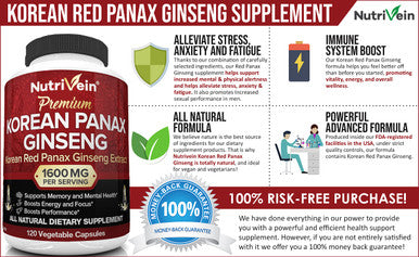 Nutrivein Pure Korean Red Panax Ginseng 1600mg - 120 Vegan Capsules - High Strength 5% Ginsenosides - Ginseng Root Extract Powder for Energy, Potency, Strength, Vigor and Focus for Men and Women