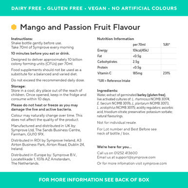 Symprove Daily Probiotic Drink Mango and Passion Fruit 10 Billion CFUs 4 Clinically Studied Strains Gut and Immune Support Water-Based Vegan Dairy and Gluten Free (Pack of 4 x 500ml)