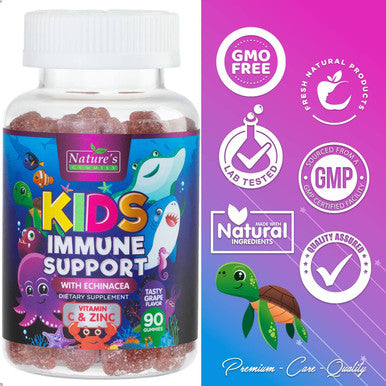 Kids Immune Support Gummy - with Vitamin C, Zinc & Echinacea - Tasty Fruit Flavored Vitamins, Non-GMO, Vegan, Natural Chewable Supplement for Children by Nature's Gummies - 60 Gummies