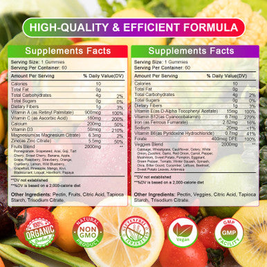 Alliwise Sugar-Free Fruits And Veggies Original Gummies Supplement, Multi-Vitamins & Minerals In Gummies, Natural Fruits And Vegetables Supplement, Immunity & Antioxidant & Energy Supplements For Women & Men