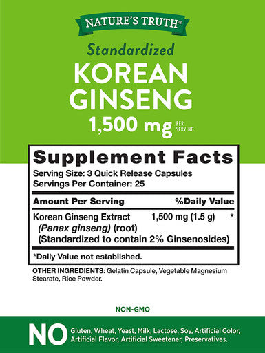 Korean Ginseng Capsules | 75 Count | Standardized Extract from Ginseng Root | Non-GMO, Gluten Supplement | by Nature's Truth