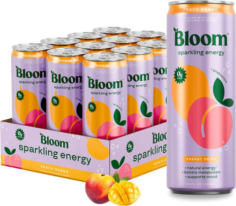 Bloom Nutrition Sparkling Energy Drink for Focus, Natural Caffeine, Zero Sugar, 180mg Caffeine, Antioxidant-Rich with Green Coffee Bean, Green Tea Extract, & Prebiotics, Raspberry Lemon 12oz 12 Pack