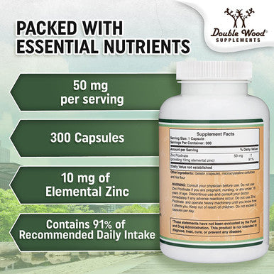 Zinc Picolinate 50mg 300 Capsules Immune Support for Kids and Adults NonGMO Gluten Manufactured in The USA 300 Day Supply by Double Wood Supplements