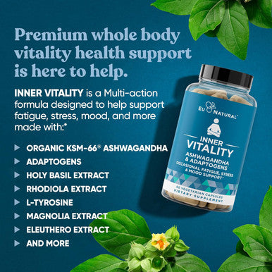 Eu Natural Vitality Cortisol Supplement Fight Fatigue Feel Calm & Balanced Healthy Cortisol Focused Energy Adrenal Support Ashwagandha Supplement with Rhodiola L-Tyrosine Holy Basil 60 Veg Capsules
