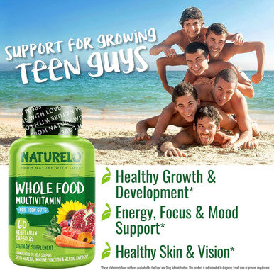 Naturelo Whole Food Multivitamin For Teenage Boys - Vitamins And Minerals Supplement For Active Kids - With Plant Extracts - Non-Gmo - Vegan & Vegetarian - 60 Capsules