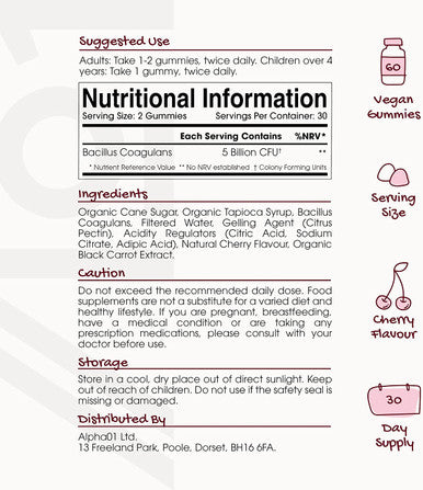 Bio Complex Probiotic Cultures Gummies - 5B CFU Bacillus Coagulants Per Serving - Non-GMO, Gluten , Halal, Cherry Flavour - 60 Vegan Gummies. 1 Pack
