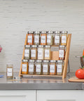 18 Jar Bamboo Compact Spice Rack with Spices Included & 5-Year Free Spice Refill Program for Countertop or Kitchen Drawer with Glass Jars